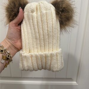 Cozy Cream Knit Hat with Brown Pom Poms